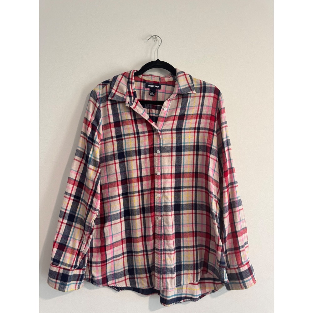 Lands' End Plaid Flannel Shirt Womens L Pink Multi Button Down‎ Soft Cotton